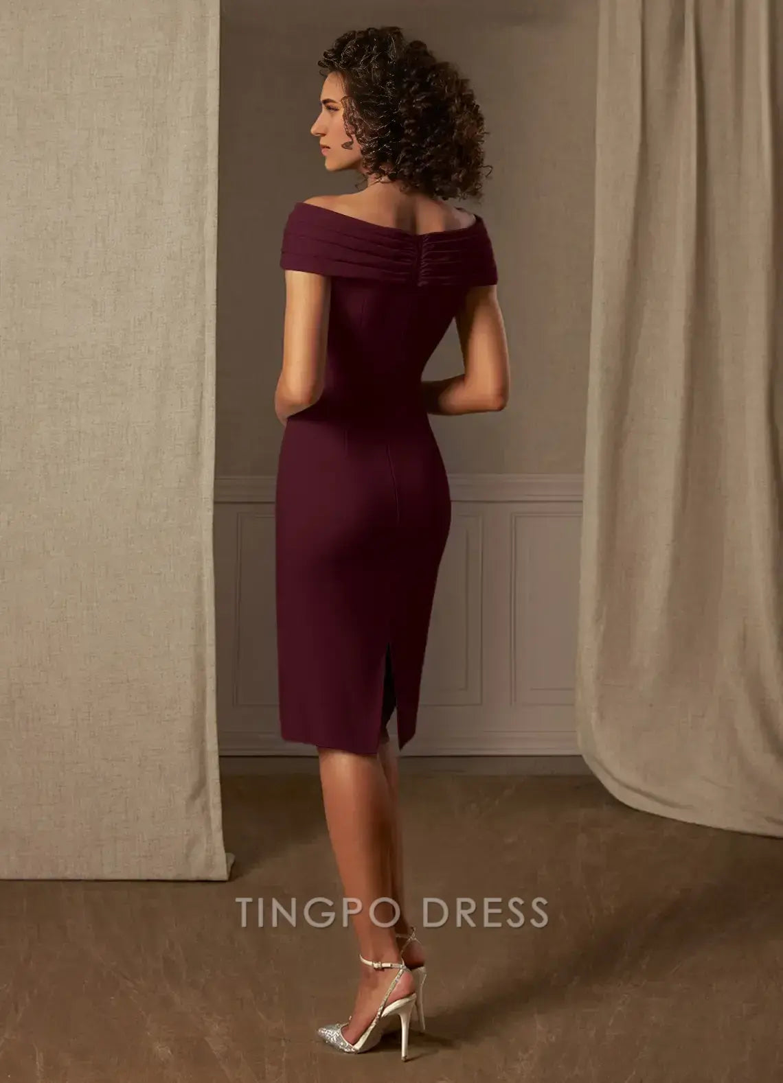 TingPo Wholesale Elegant Mother of the Bride Dresses Cabernet Sheath Pleated Crepe Dress hot sale for ladies